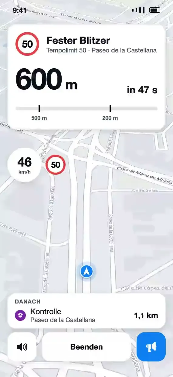 Vorschau auf den Soplo-Fahrmodus, der mit einem kommenden Update erscheint: fester Blitzer in 500 Metern