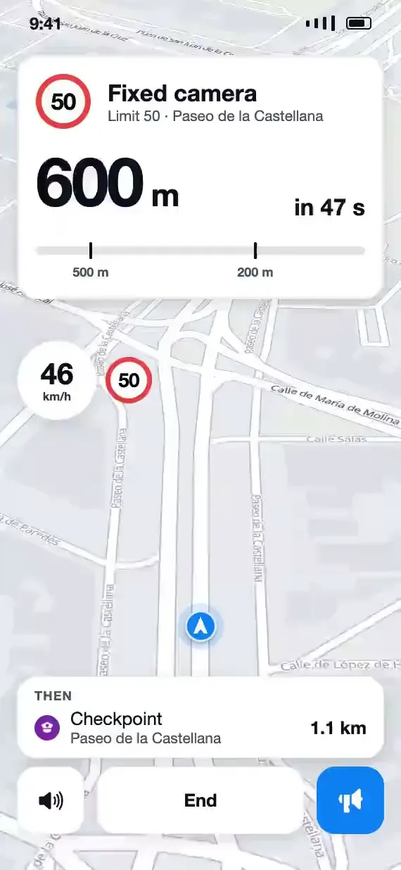 Preview of Soplo’s driving mode, coming in a future update: fixed speed camera in 500 metres