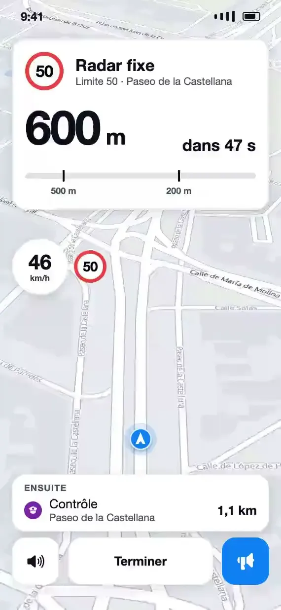 Aperçu du mode conduite de Soplo, prévu dans une prochaine mise à jour : radar fixe à 500 mètres