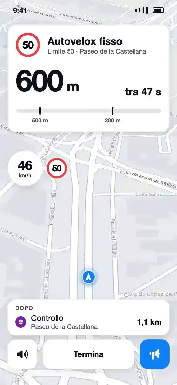 Anteprima della modalità guida di Soplo, in arrivo con un prossimo aggiornamento: autovelox fisso a 500 metri