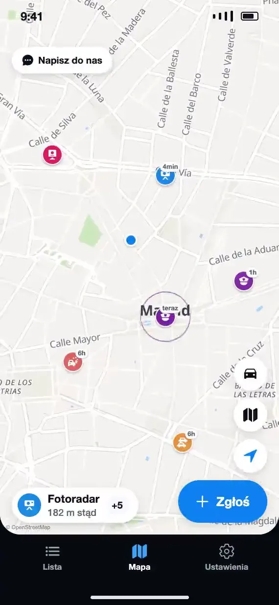 Mapa Soplo z przed chwilą zgłoszoną kontrolą