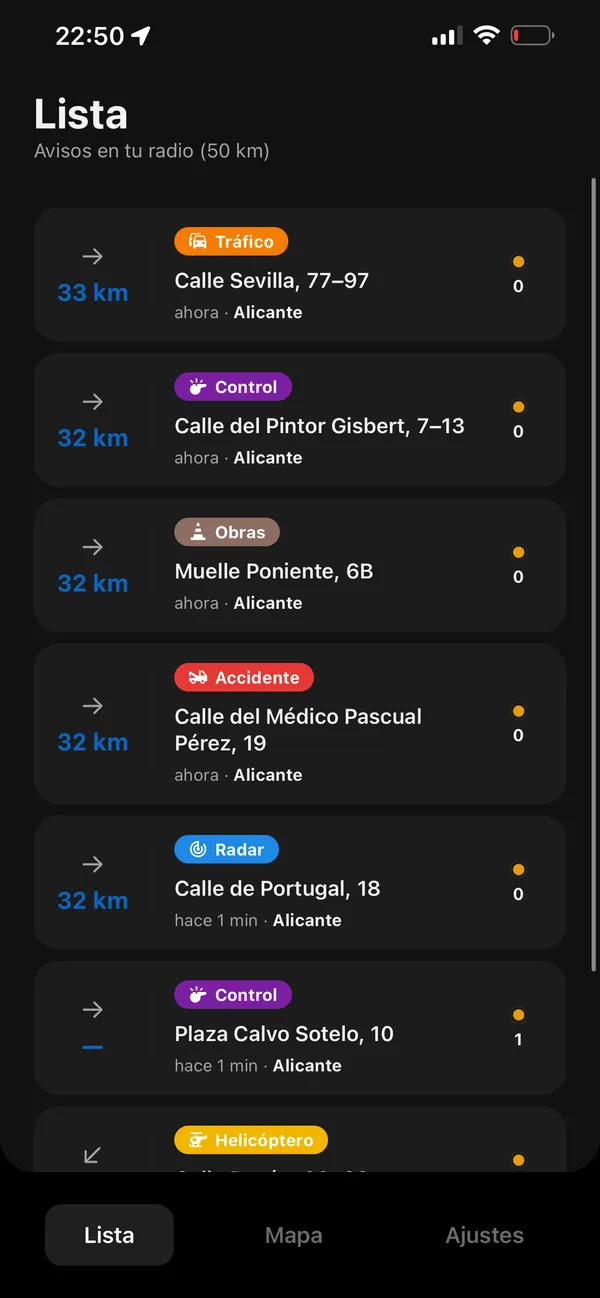 Lista de alertas en la app