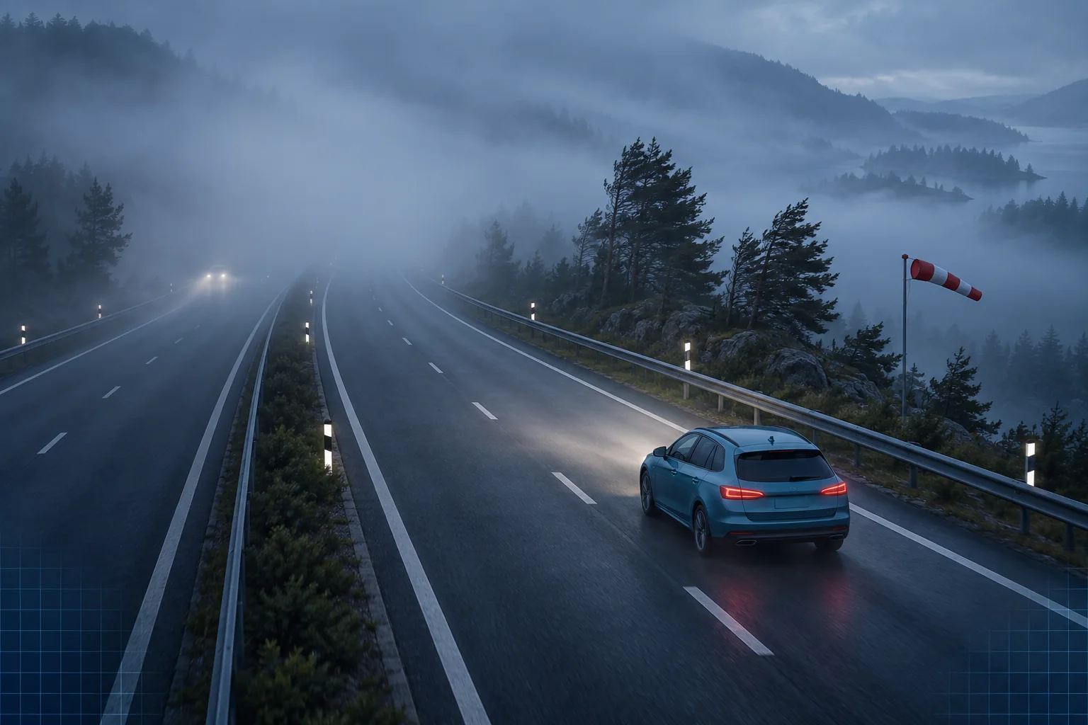 Coche cian en una carretera que se pierde entre la niebla, con una manga de viento detrás de una barrera